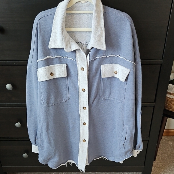 POL Tops - POL Mixed Media Shacket in Blue and Grey